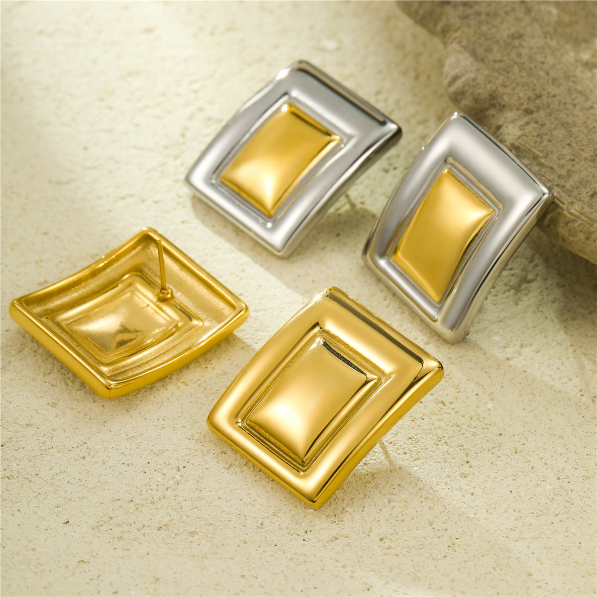 18k镀金不锈钢矩形双色耳钉