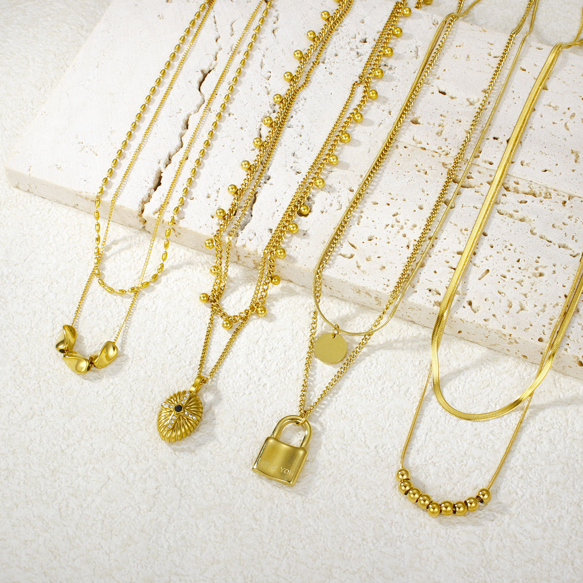 极简几何椭圆珠首饰套装项链不锈钢双层项链