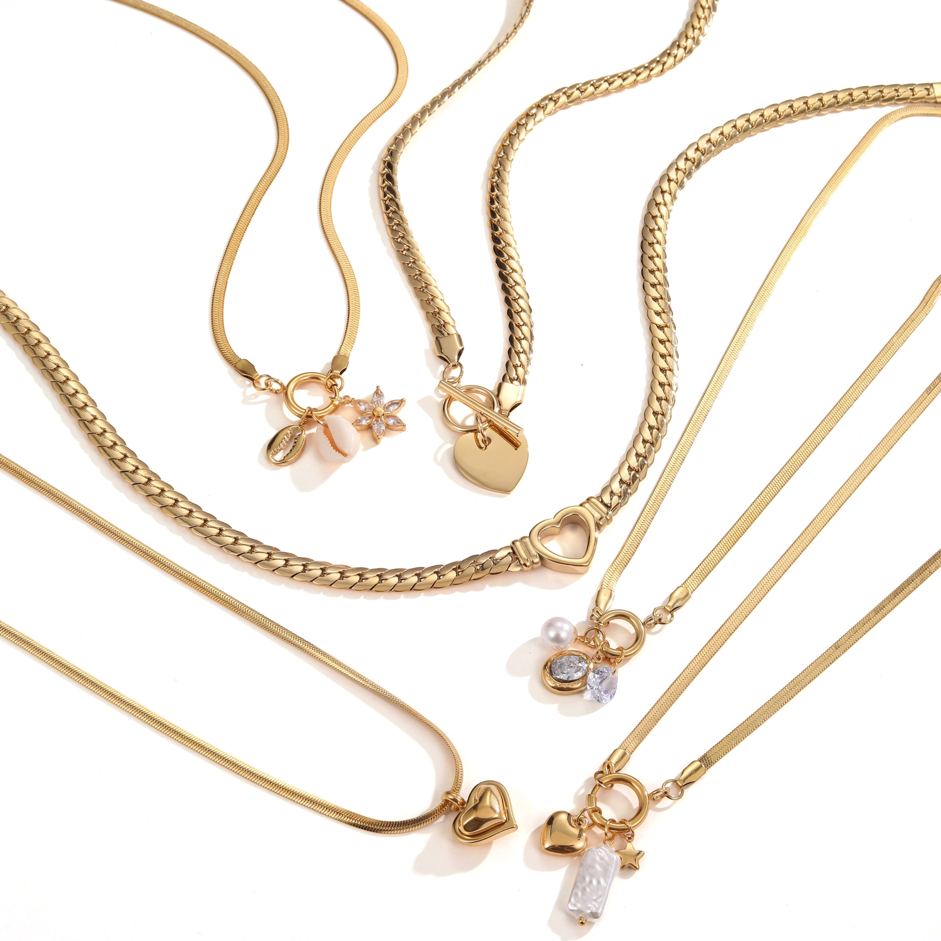 欧美ins流行扁蛇链爱心吊坠不锈钢项链